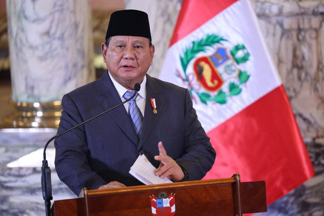 Presiden Prabowo Subianto saat bertemu dengan Presiden Peru Dina Boluarte di Istana Peru Palacio de gobierno di Lima, Peru pada Kamis (14/11) waktu setempat. Foto: Hugo Curotto/AFP