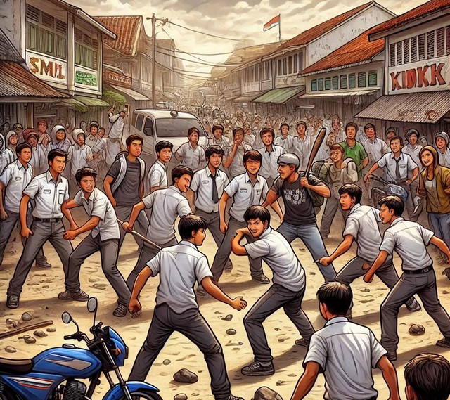 Sumber: AI (Ilustrasi tawuran pelajar di Indonesia)