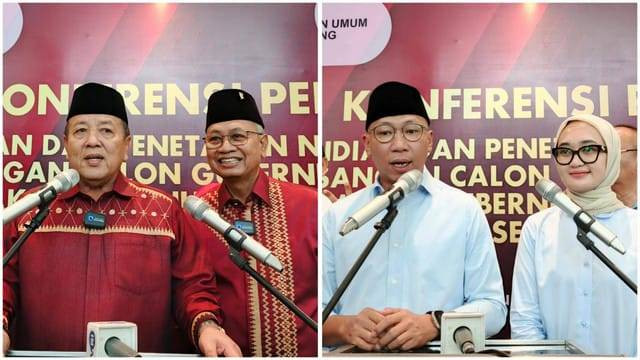 Pasangan calon gubernur dan wakil gubernur Lampung nomor urut 1 Arinal Djunaidi dan Sutono dan paslon nomor urut 2 Rahmat Mirzani Djausal dan Jihan Nurlela | Foto : Eka Febriani / Lampung Geh