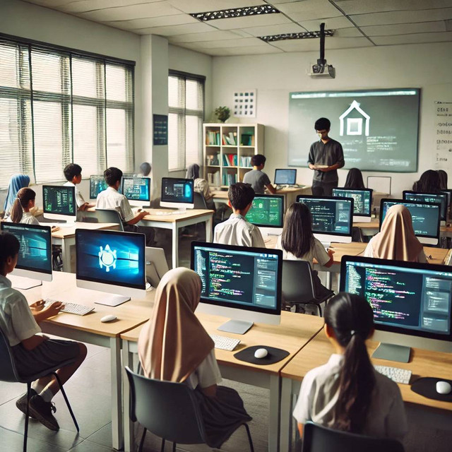 Kelas coding modern di sekolah perkotaan. Sumber: ilustrasi generatif DALL·E, OpenAI.