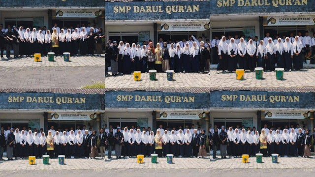 Mahasiswa um melakukan observasi  terkait klasifikasi sampah untuk mendukung pencapaian SDGs dan juga merealisasikan dengan membuat tong sampah dari wadah bekas cat di SMP Darul Qur'an Singosari. Foto: qoyyum fari abdillah