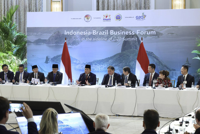 Presiden Republik Indonesia, Prabowo Subianto, menghadiri Indonesia-Brazil Business Forum, yang digelar di Copacabana Palace, Rio de Janeiro, Brasil, pada Minggu, (17/11/2024). Foto: Tim Media Prabowo Subianto