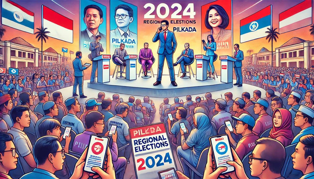 Ilustrasi Pilkada 2024 yang menyoroti pergeseran pengaruh dari partai politik ke influencer. Menampilkan panggung debat modern, interaksi digital, dan pemilih muda aktif di media sosial, mencerminkan transformasi politik Indonesia ke era digital.Sumber gambar: Dibuat menggunakan teknologi AI oleh ChatGPT (OpenAI).