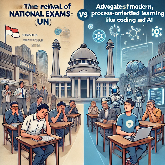 Debat Kebijakan: UN vs Pembelajaran Digital. Sumber: ilustrasi generatif DALL·E, OpenAI.