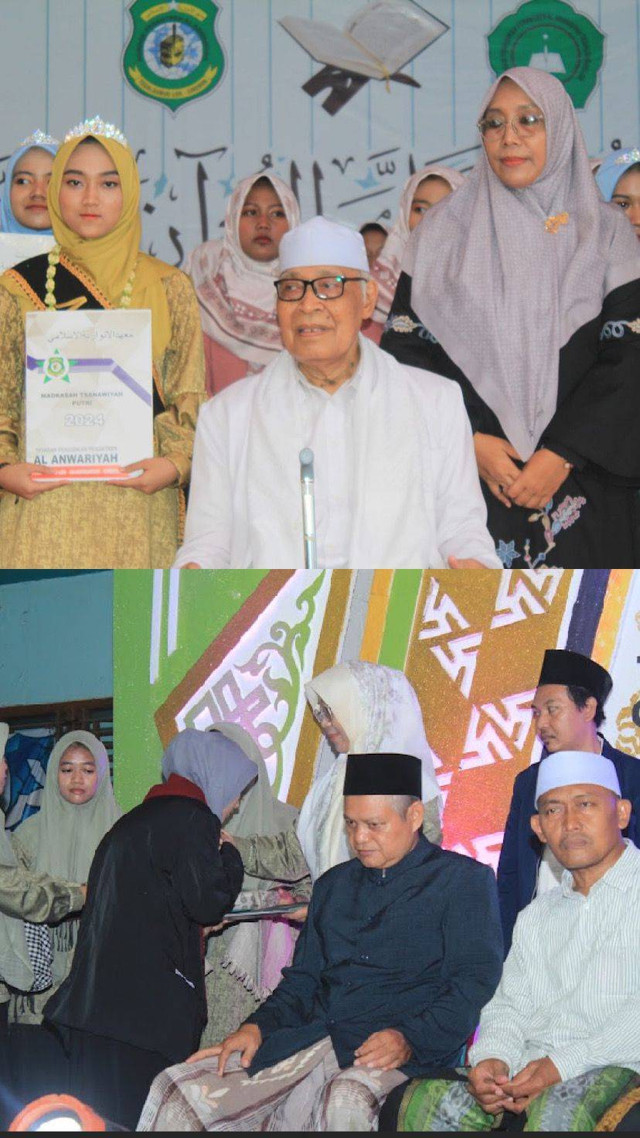 Ilustrasi foto memegang sertifikat prestasi bersama Pak Kyai & Ibu nyai,pemberian ijazah kelulusan (foto : Syahrani Fauziah Kamal)