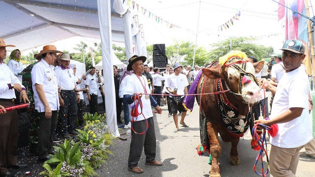 Pj Bupati Bojonegoro, Adriyanto, saat hadiri kontes dan pameran ternak 2024, di Pasar Hewan Desa Kedungbondo, Kecamatan Balen, Kabupaten Bojonegoro. Rabu (20/11/2024) (Aset: Istimewa)