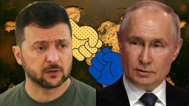 Dari kiri: Presiden Ukraina Volodymyr Zelenskyy dan Presiden Rusia Vladimir Putin ( Edited by Aryasatya Gavrila ) 