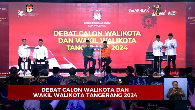 Debat Pilwalkot Kota Tangerang 2024 di Hotel Bidakara Jakarta, Rabu (23/10/2024). Foto: Youtube/KPU Kota Tangerang