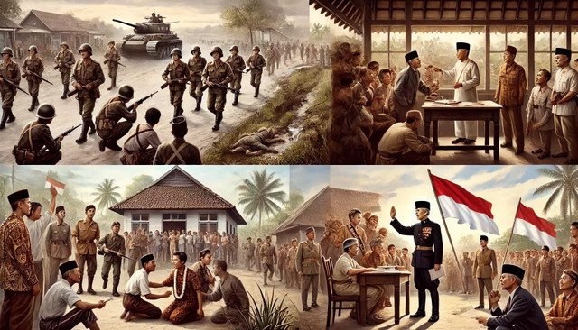 Ilustrasi yang menggambarkan momen-momen penting dalam sejarah Indonesia(sumber https://chatgpt.com/)