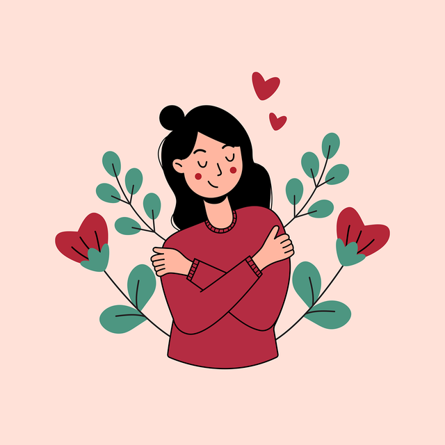 Simbolisasi dari pentingnya self-love dan penerimaan diri. Photo by : https://pixabay.com/illustrations/woman-self-love-love-hug-8439000/