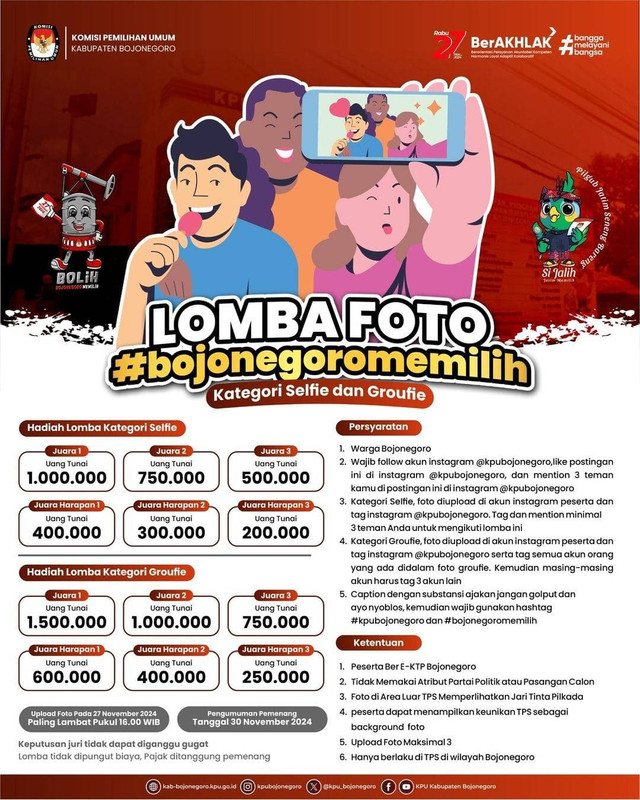 Flyer Lomba Foto #bojonegoromemilih, yang digelar Komisi Pemilihan Umum (KPU) Kabupaten Bojonegoro. (Aset: KPU Bojonegoro)