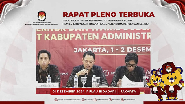 Rapat Pleno Terbuka rekapitulasi hasil perhitungan perolehan suara Pilkada Jakarta tahun 2024 tingkat Kabupaten Administrasi Kepulauan Seribu, Minggu (1/12/2024). Foto: YouTube/ KPU Kepulauan Seribu