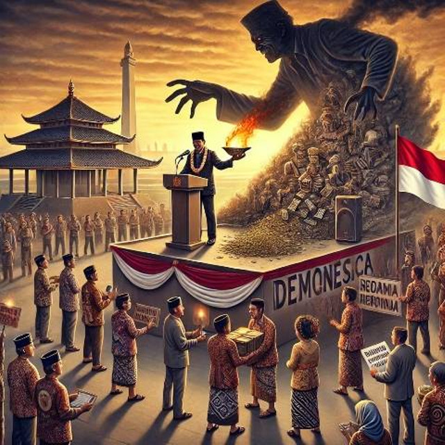 menggambarkan simbolisme heroisme semu dalam praktik politik transaksional di Indonesia, terutama dalam Pilkada. Sumber gambar: Ilustrasi dihasilkan secara digital oleh OpenAI