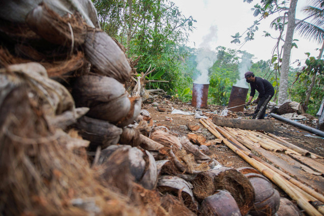 Pekerja mengumpulkan limbah batok kelapa untuk dibakar di Desa Gucialit, Lumajang, Jawa Timur. Foto: Irfan Sumanjaya/ANTARA FOTO