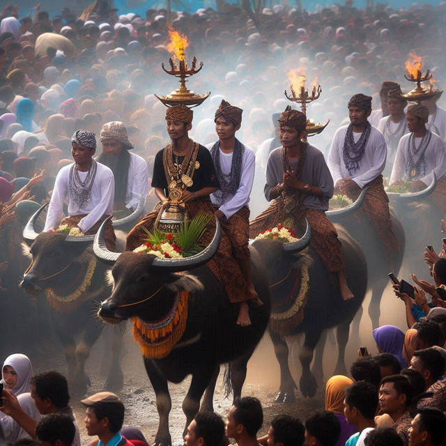 Arak-arakan warga Desa Alasmalang dan Desa Aliyan di Banyuwangi selama Ritual Kebo-keboan (Sumber: Bing AI)