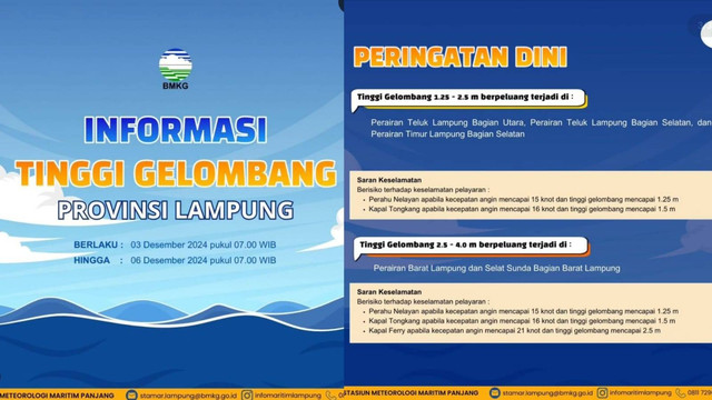 Pemberitahuan informasi gelombang tinggi. | Foto: Dok instagram @infomaritimlampung