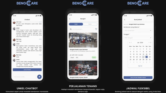 Beberapa fitur BENGCARE, platform digital yang menghubungkan masyarakat dengan bengkel terekomendasi.