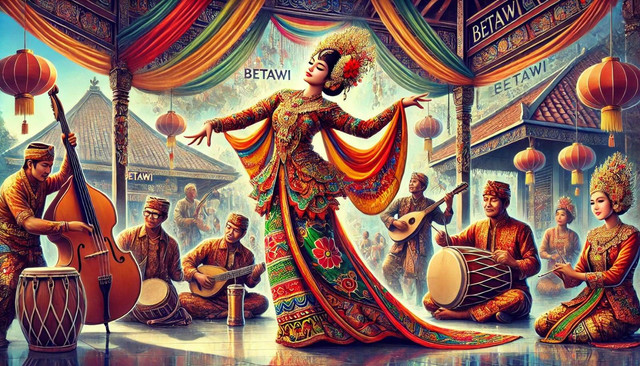 Ilustrasi tari cokek yang memadukan budaya Betawi dan Tionghoa (sumber: Bing AI)