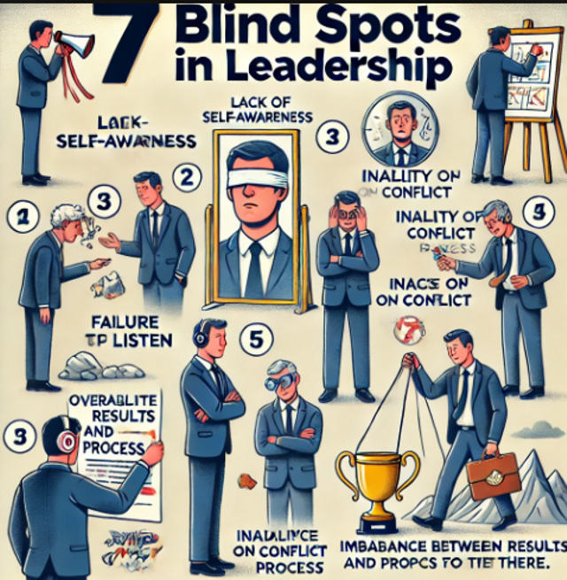 Ilustrasi "7 Blind Spots dalam Kepemimpinan" yang menggambarkan setiap titik buta yang dapat digunakan untuk menjelaskan tantangan kepemimpinan dan cara mengatasinya. Sumber: Ilustrasi Pribadi oleh Maulafi Alhamdi Stivani 