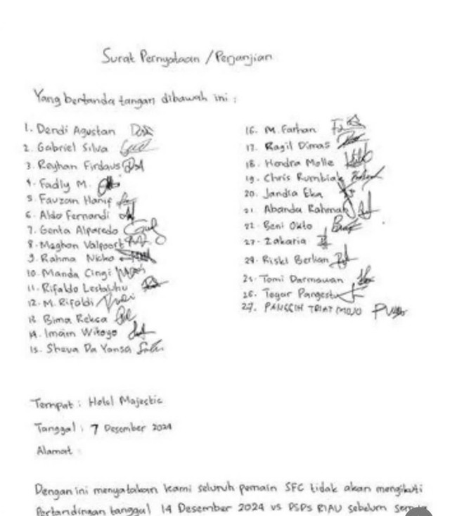 Surat yang ditandatangani para pemain Sriwijaya FC yang tak ikut pertandingan melawan PSPS Pekanbaru. Foto : Istimewa

