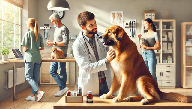 "An illustration of a compassionate veterinarian gently interacting with a dog, an attentive owner, and a collaborative team, all in a warm and professional environment made by the author with the assistance of ChatGPT".