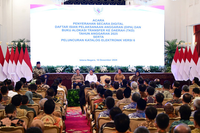 Presiden RI memberikan sambutan pada acara Peluncuran Katalog Elektronik Versi 6.0 di Istana Negara, Jakarta, Selasa (10/12). Foto: Dok. Telkom