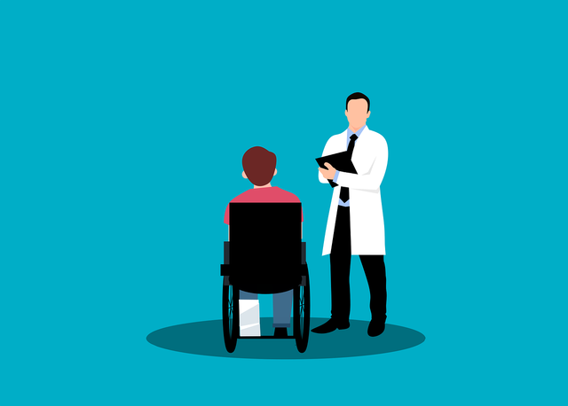 Gambar animasi dokter dan pasien (Sumber: https://pixabay.com/vectors/wheelchair-patient-doctor-cartoon-6995098/)