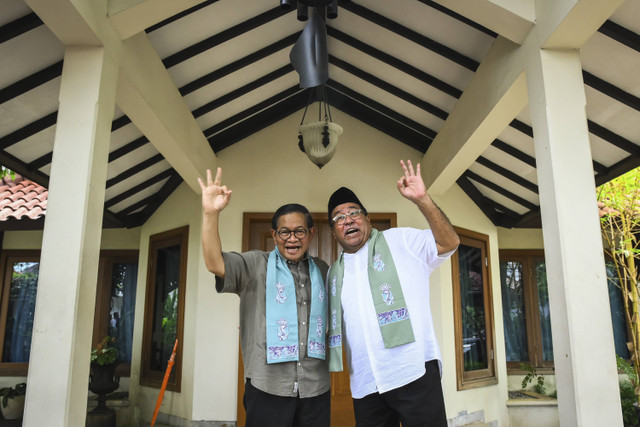 Calon gubernur dan wakil gubernur DKI Jakarta nomor urut 3 Pramono Anung (kiri) dan Rano Karno (kanan) berpose usai menyampaikan keterangan pers terkait kemenangan dalam Pemilihan Gubernur DKI Jakarta di Cipete, Jakarta, Kamis (28/11/2024). Foto: Sulthony Hasanuddin/ANTARA FOTO 