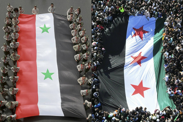 Foto combo bendera Suriah. Foto: Omar Haj Kadour/AFP