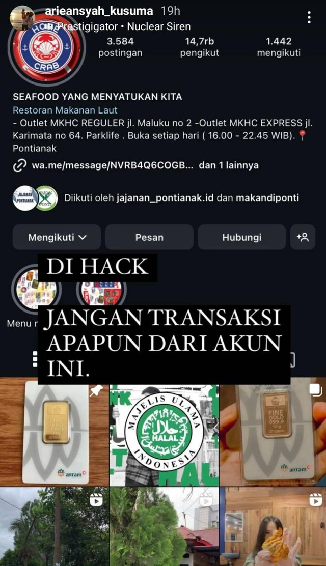 Profil akun Instagram @medankeranghorecrab_ptk yang telah diretas. Foto: Dok. Tangkapan Layar