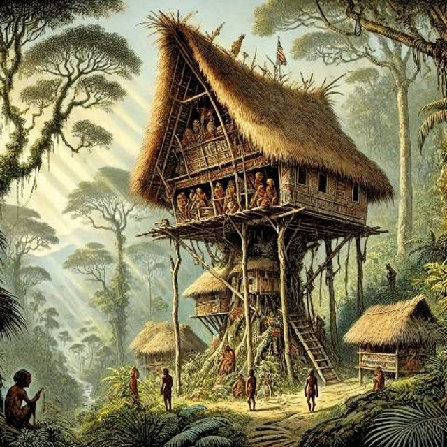 Ilustrasi Rumah Pohon Suku Korowai (Sumber: Bing AI)