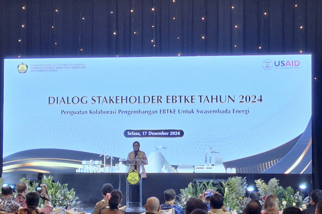  Direktur Jenderal (Dirjen) Energi Baru Terbarukan dan Konversi Energi (EBTKE) Eniya Listiani dalam Dialog Stakeholder EBTKE di Hotel Mulia, Jakarta Selatan pada Selasa (17/12/2024). Foto: Argya D. Maheswara/kumparan 