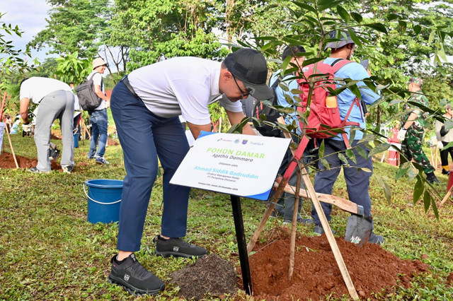 Direktur Manajemen Risiko Pertamina, Ahmad Siddik Badrudin saat melakukan pohon damar pada Festival Ciliwung 2024 di Universitas Islam Internasional Indonesia (UIII), Depok, Jawa Barat, Jumat (20/12/2024). Foto: Dok. Pertamina