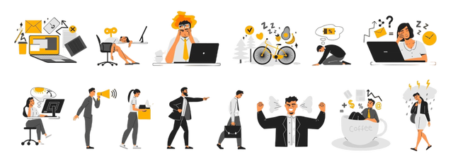 Ilustrasi Burnout (Sumber: https://www.freepik.com/free-vector/professional-burnout-syndrome-flat-set_26764771.htm#fromView=search&page=1&position=6&uuid=71e3fa20-1a5a-437c-8981-65355555d331&new_detail=true)