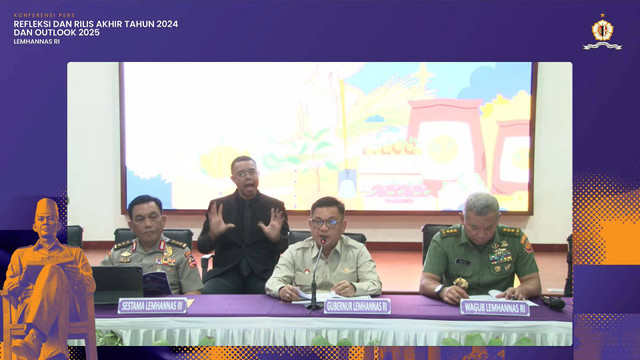 Konferensi Pers Refleksi dan Rilis Akhir Tahun 2024 dan Outlook 2025 Lemhannas RI di Kantor Lemhannas, Jakarta pada Senin (23/12/2024). Foto: YouTube/ Lemhannas RI