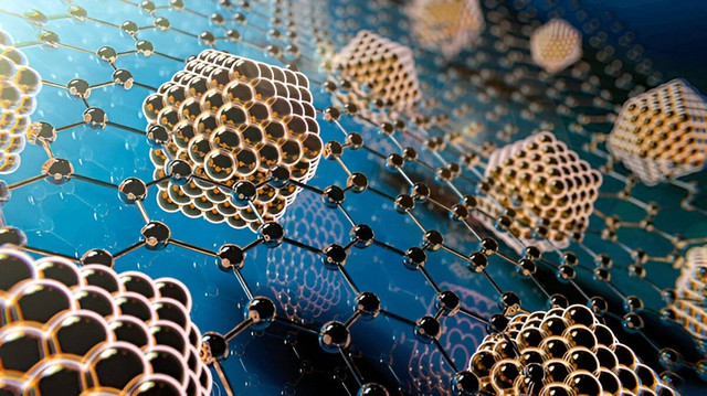 Ilustrasi konseptual graphene yang mengandung nanopartikel logam, Sumber: Shutterstock