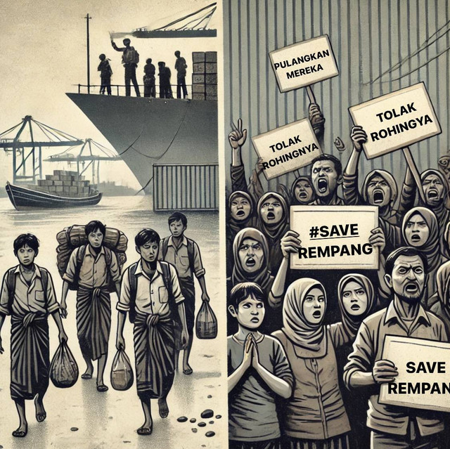 Ilustrasi AI: Penolakan Rohingya di Riau dan Konflik Pulau Rempang