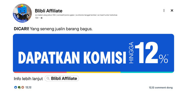 Komisi hingga 12 persen untuk pengguna yang bergabung program Blibli Affiliate. Foto: dok. Blibli