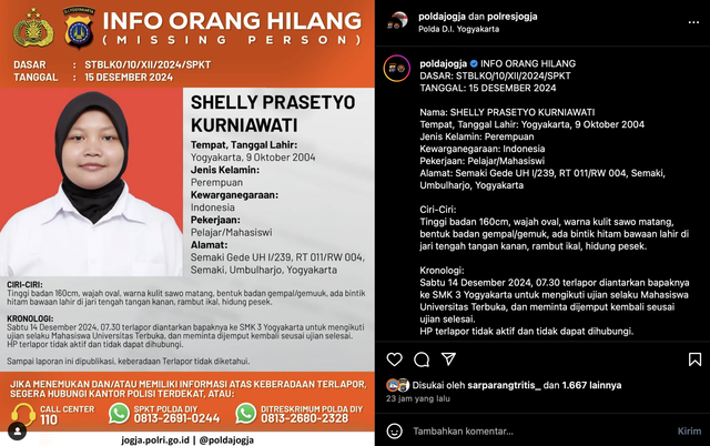 Info orang hilang yang diumumkan Polda DIY. Foto: Polda DIY