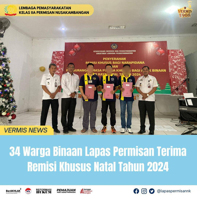 34 Warga Binaan Lapas Permisan Terima Remisi Khusus Natal Tahun 2024