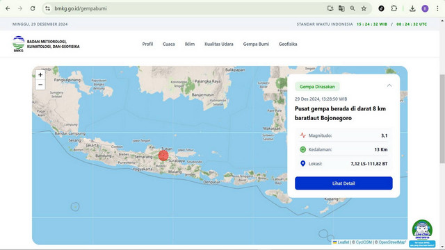 Tangkapan layar peta gempa bumi di Kabupaten Bojonegoro (sumber: BMKG)