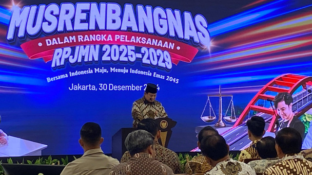 Presiden Prabowo Subianto dalam acara Musyawarah Perencanaan Pembangunan Nasional (Musrenbangnas) RPJMN 2024-2029 di Gedung Bappenas, Menteng, Jakarta Pusat, Senin (30/12/2024). Foto: Zamachsyari/kumparan