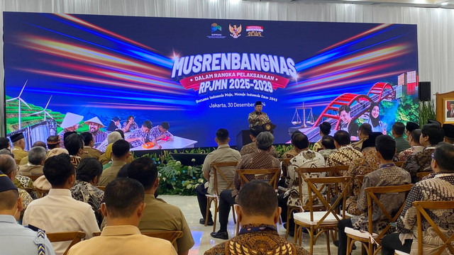 Presiden Prabowo Subianto dalam acara Musyawarah Perencanaan Pembangunan Nasional (Musrenbangnas) RPJMN 2024-2029 di Gedung Bappenas, Menteng, Jakarta Pusat, Senin (30/12/2024). Foto: Zamachsyari/kumparan