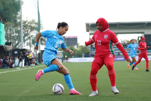 Pertandingan Persahabatan Timnas Wanita India vs Maladewa di Padukone-Dravid Center for Sports Excellence, India, pada Senin (30/12). Foto: Indian Football Federation (AIFF)