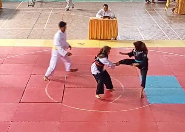 Dua atlet pencak silat tengah bertanding dalam sebuah kompetisi, menunjukkan kemampuan dan teknik yang telah mereka latih. Sumber: dokumentasi pribadi