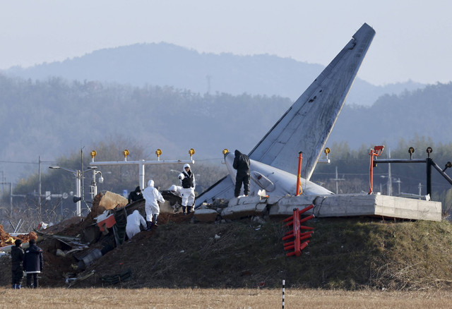 Anggota tim investigasi ilmiah polisi melakukan operasi pencarian di dekat lokasi pesawat Boeing 737-800 milik Jeju Air jatuh dan terbakar di Bandara Internasional Muan, Korea Selatan, Rabu (1/1/2025). Foto: STR/AFP