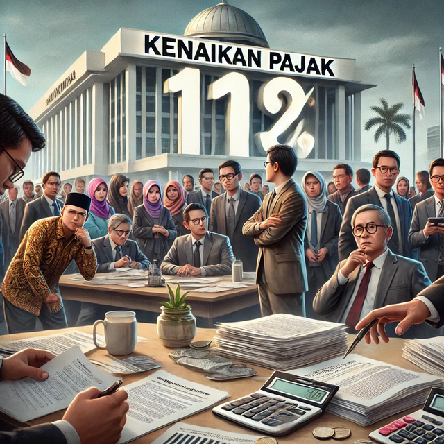 Sumber : DALL·E "A realistic depiction of a scene showing a group of people, some looking concerned and others discussing, in front of a government office building"