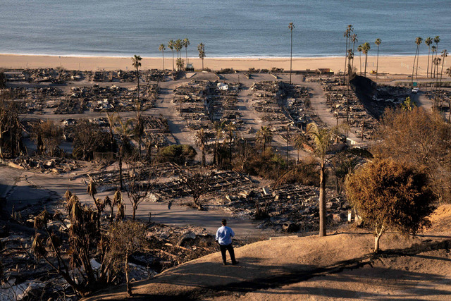 Foto udara memperlihatkan rumah-rumah yang hancur akibat kebakaran hutan di kawasan Pacific Palisades, Los Angeles, California, Sabtu (10/1/2025). Tampak sejumlah pohon tetap berdiri tak ikut hangus. Foto: David Ryder/REUTERS