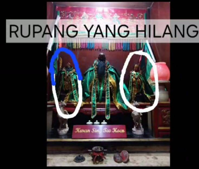 Dua patung bersejarah di Vihara Welas Asih Cirebon, pengawal Guan Ping dan Zho Chang, yang dilaporkan hilang. Foto: Istimewa