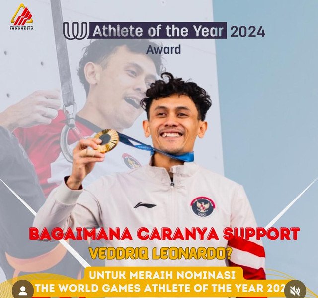 Veddriq Leonardo, atlet panjang tebis asal Pontianak berhasil masuk nominasi The World Games Athlete of The Year 2024. Foto: Dok. instagram @fpti_official